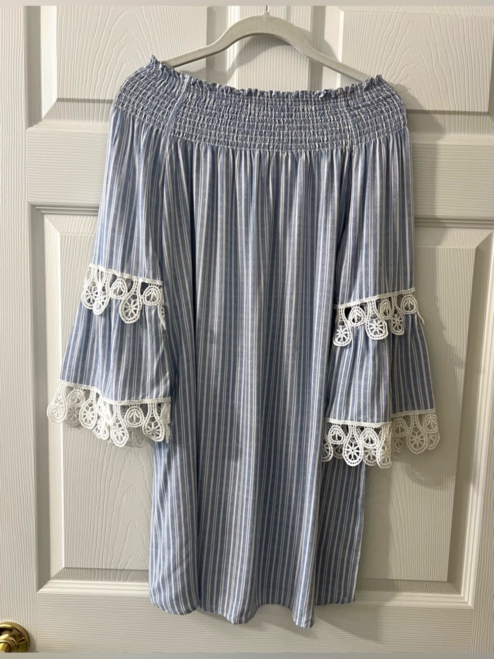 Lapis Blue and White Striped Off-Shoulder Mini Skirt with Lace Trim